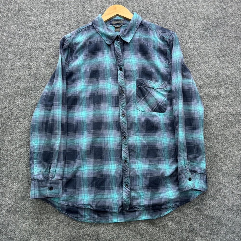 Eddie Bauer Classic Fit Button Shirt Womens XL Blue Teal Plaid Flannel Casual